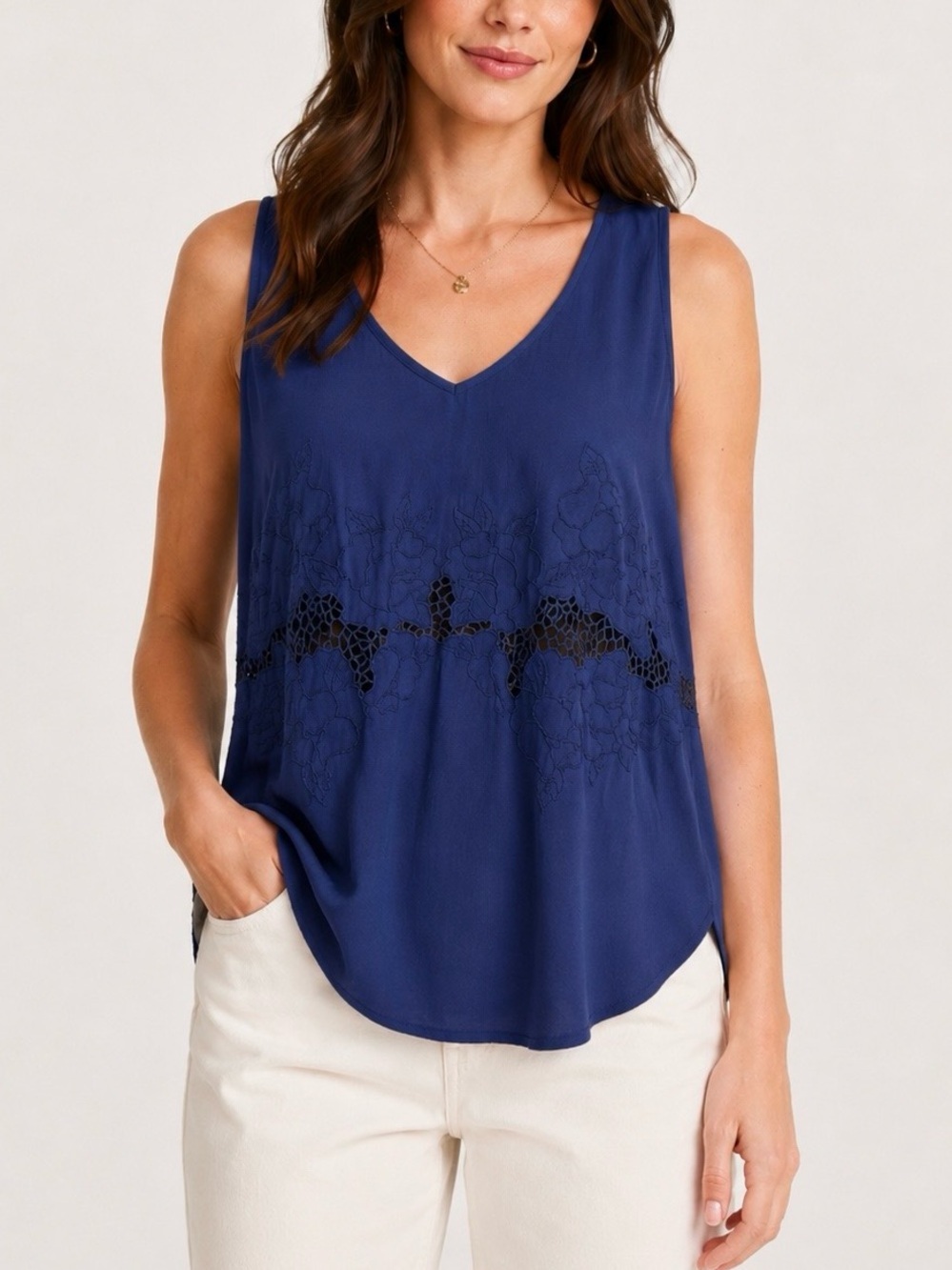ASTR Navy Blue Embroidered Sleeveless Top